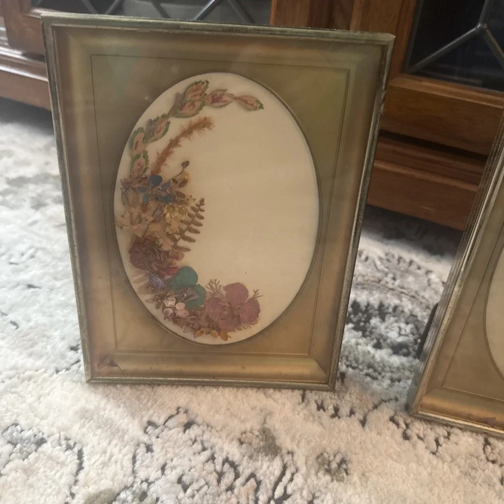 Set of 2 Vtg Gold Framed Pressed Flower Art Dried Botanicals Cottagecore Decor
